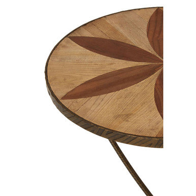 Elmo elm wood and iron large side table with round natural wood finish top and brass-finished iron legs