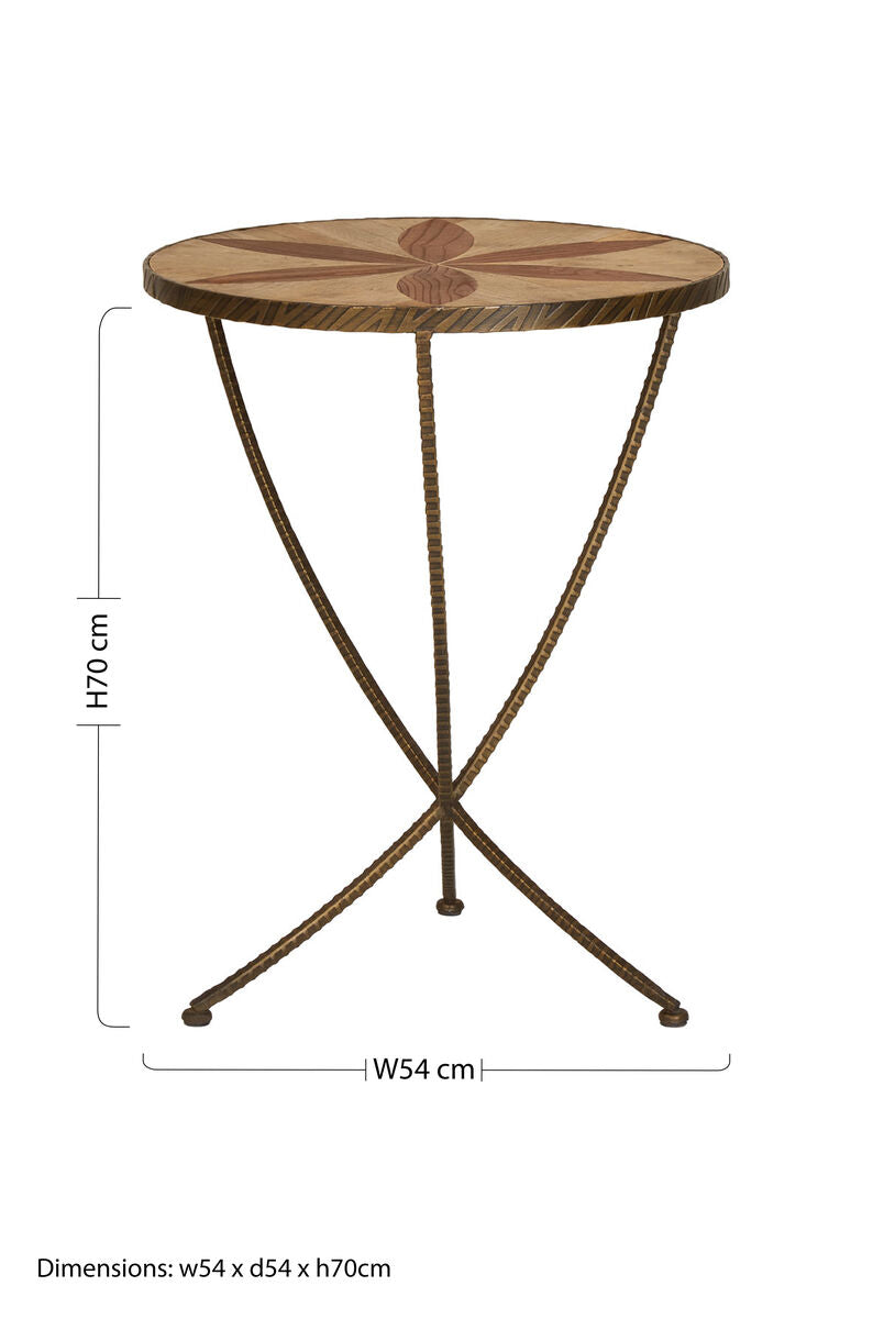 Round elm wood side table with starburst inlay top and twisted antique brass-finished iron legs