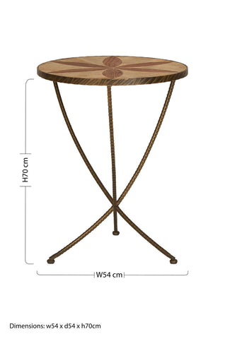 Round elm wood side table with starburst inlay top and twisted antique brass-finished iron legs