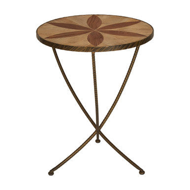 Round elm wood side table with starburst inlay and antique brass-finished iron legs for stylish living spaces