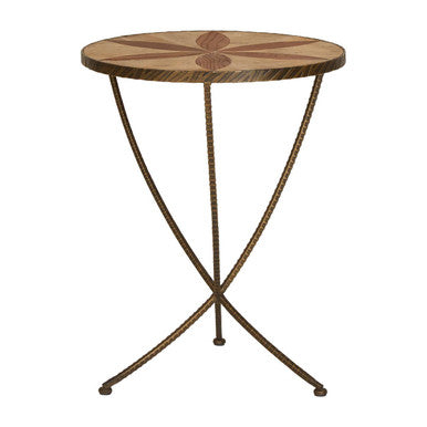 Round elm wood side table with starburst inlay and brass-finished iron legs for a stylish touch