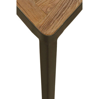 A rustic elm wood triangular table with herringbone top and black iron legs from elmo set of 3