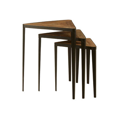 Set of three elm wood triangular tables with dark tops and slender black iron legs for modern living rooms