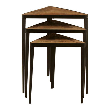 Set of three nested triangular tables with elm wood tops and black iron frames for modern living spaces