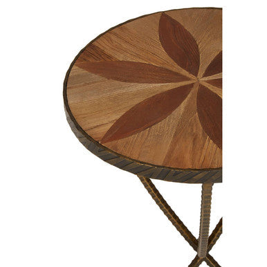 Round elm wood side table with marbled brown inlay and twisted iron small legs for stylish living spaces