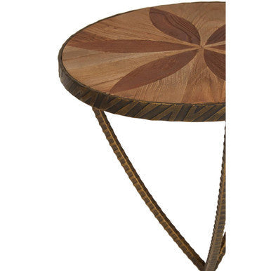 Round elm wood side table with marquetry leaf design and iron legs for small space use