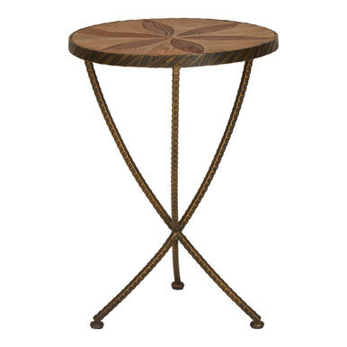 Round elm wood side table with starburst inlay and twisted iron legs for small spaces or decor accents