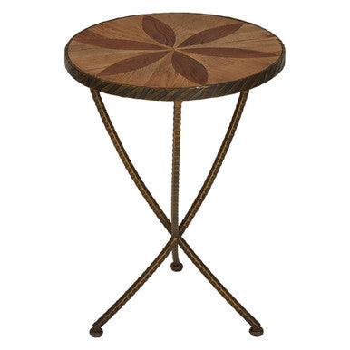 Elm wood round small side table with starburst inlay and twisted iron legs in brown finish