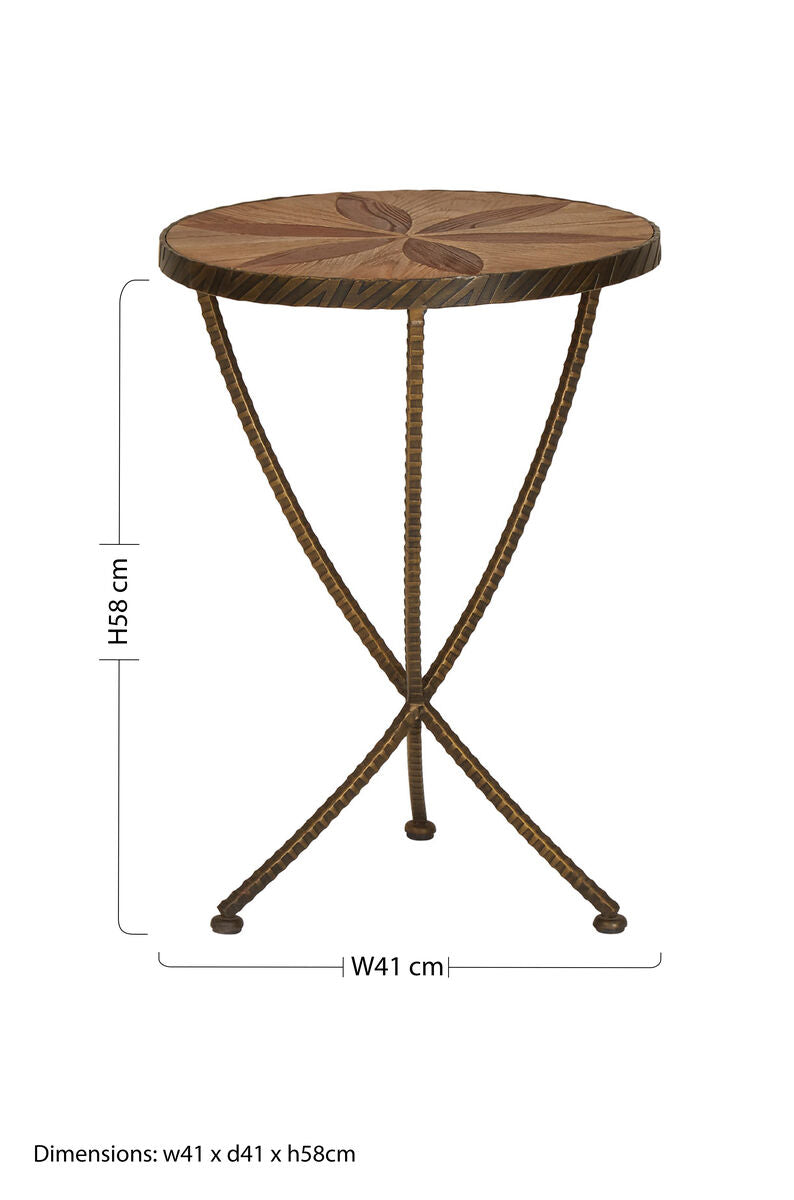 Rustic elm wood round side table with inlaid leaf pattern and rope-wrapped iron small legs for cozy spaces