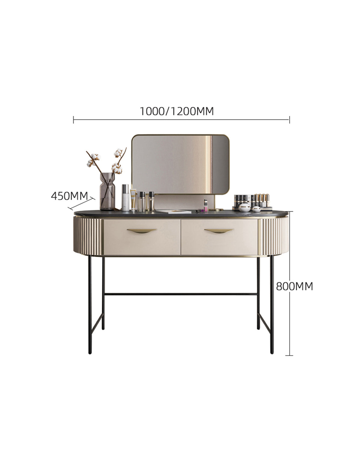 Modern elmore dressing table with cream ribbed body gold handles and black metal legs for stylish vanity setup
