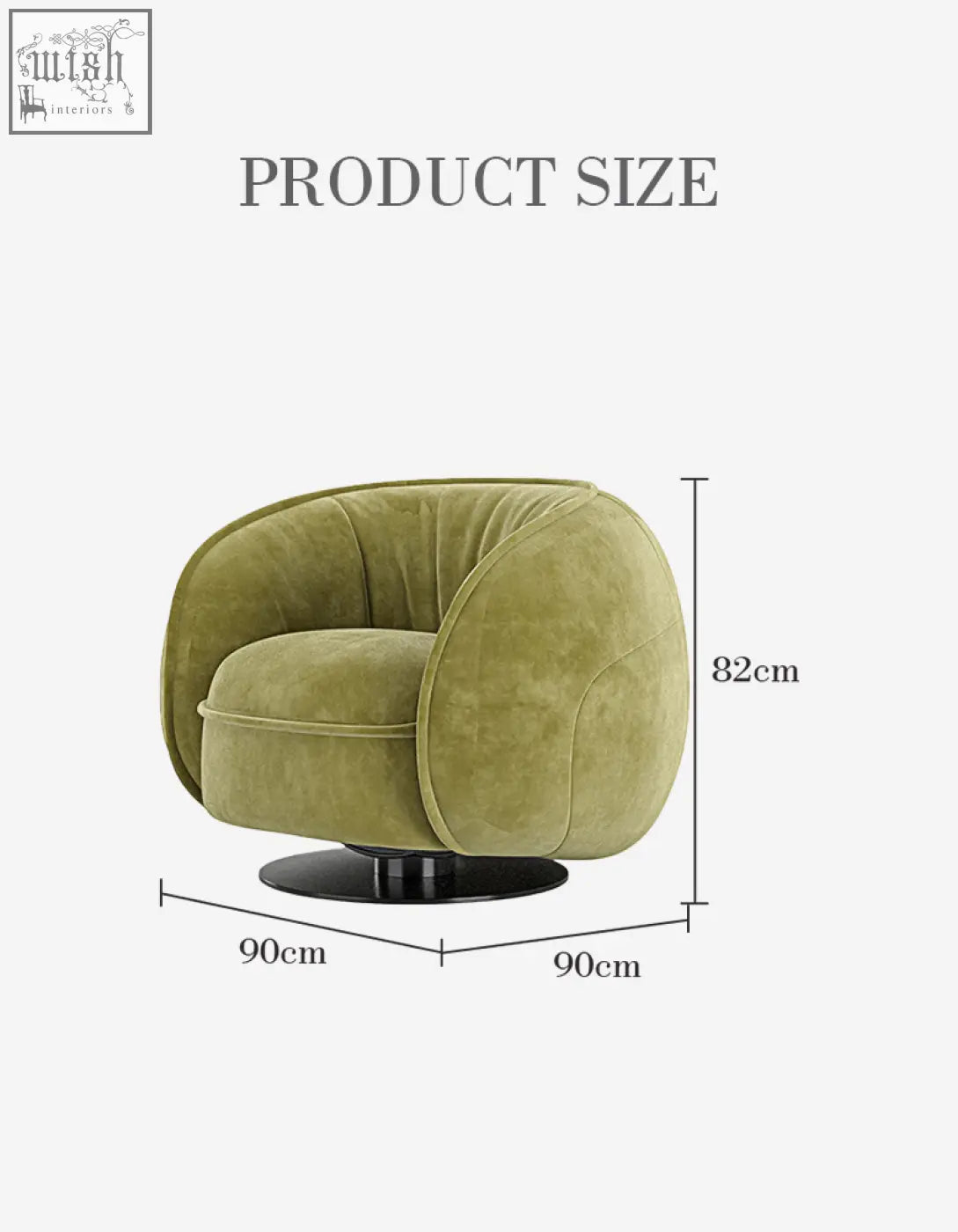 Olive green velvet elowen swivel lounge chair with sleek black circular base perfect for vintage style spaces