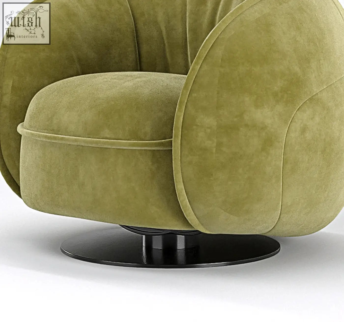 Olive green velvet elowen swivel lounge chair with sleek black circular base perfect as a vintage armchair
