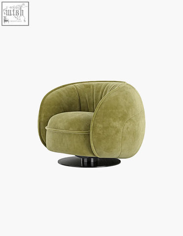 Olive green velvet elowen swivel lounge chair with sleek black circular base perfect for vintage style seating