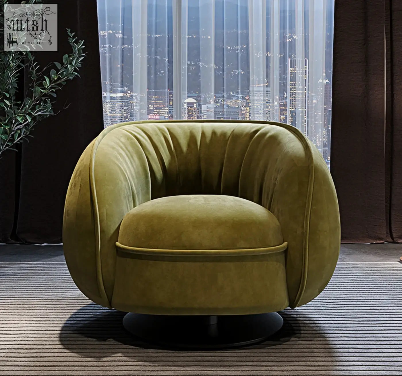 Olive green velvet elowen swivel lounge chair with rounded plush design and black circular base for comfy seating