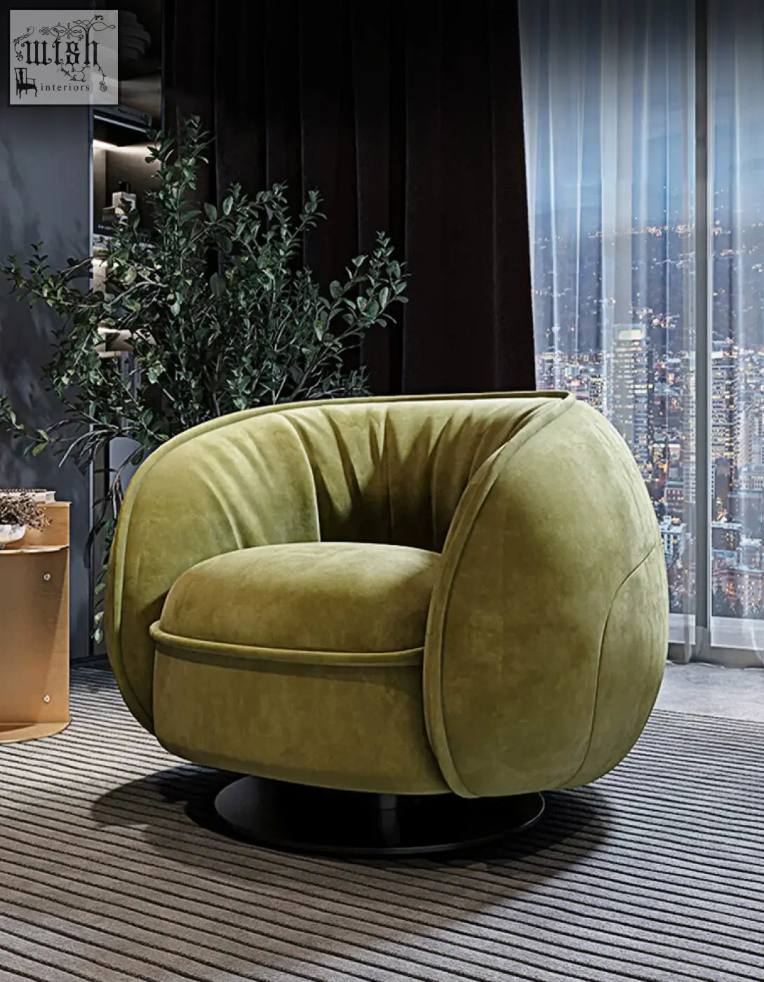 Olive green velvet elowen swivel lounge chair with rounded plush design and black circular base vintage style