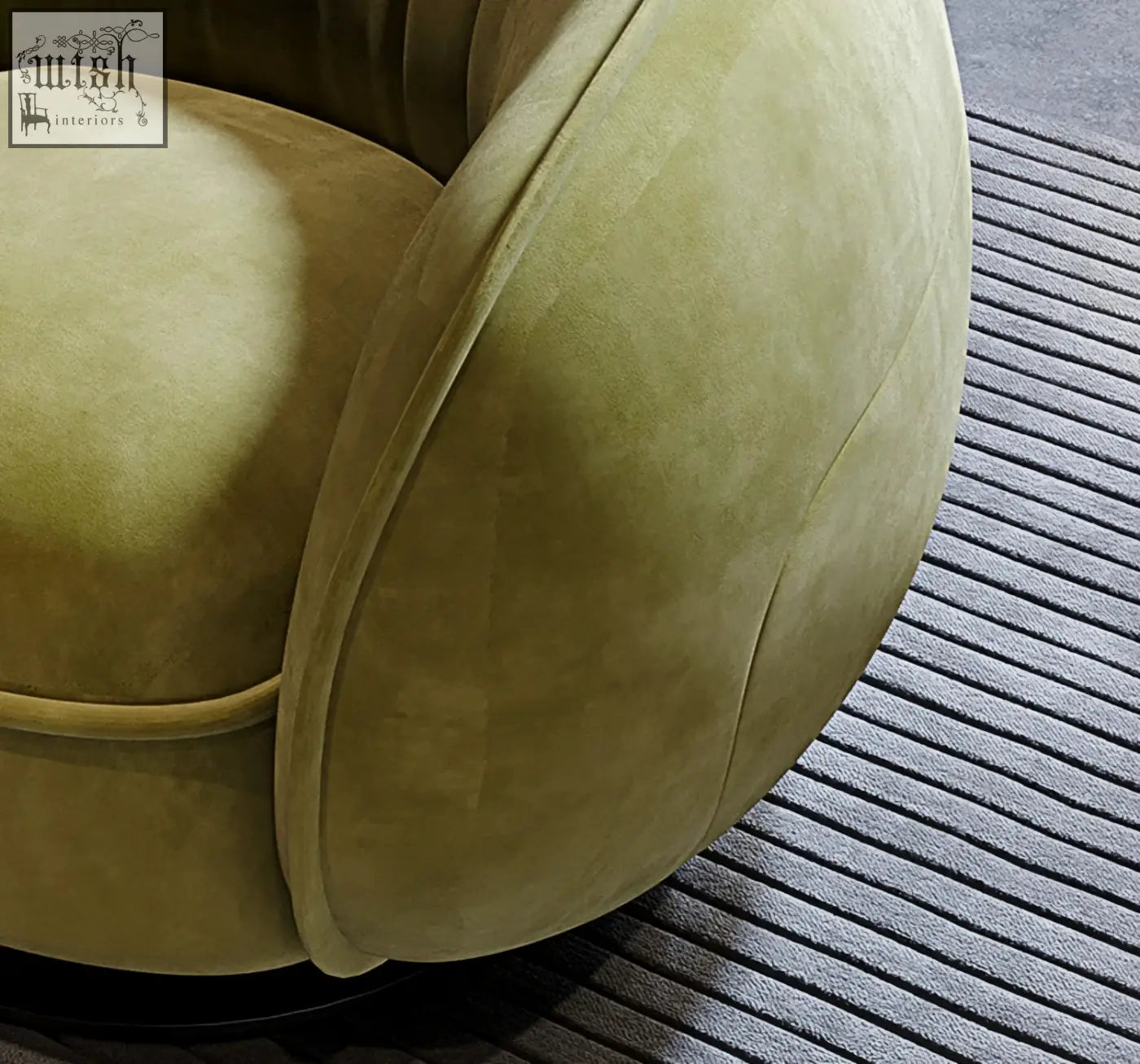A plush olive green velvet elowen swivel lounge chair with rounded contours and modern design perfect for relaxing