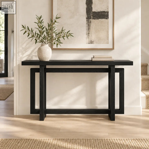 Black minimalist console table with geometric wood effect frame perfect for modern entryway or living room decor