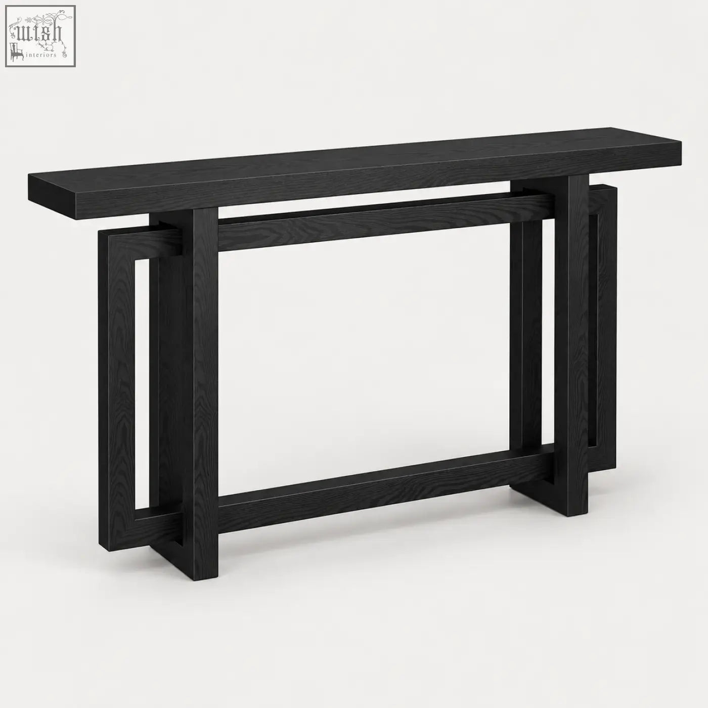 Modern black oak console table with clean geometric lines in a minimalist design ideal for stylish entryways