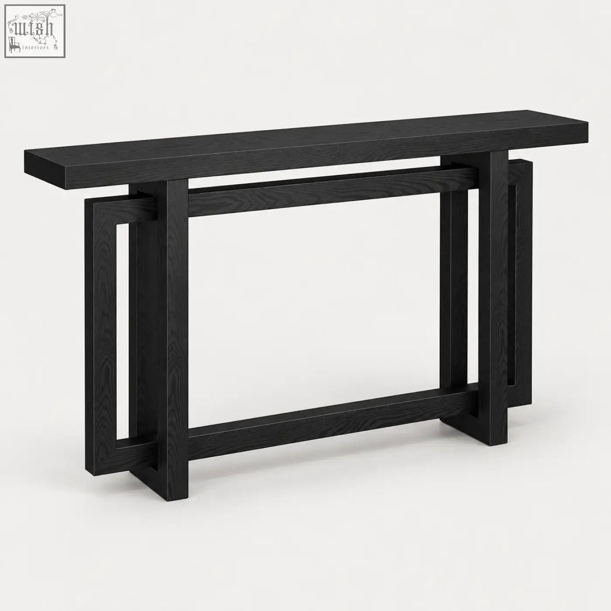 Modern black oak console table with clean geometric lines in a minimalist design ideal for stylish entryways