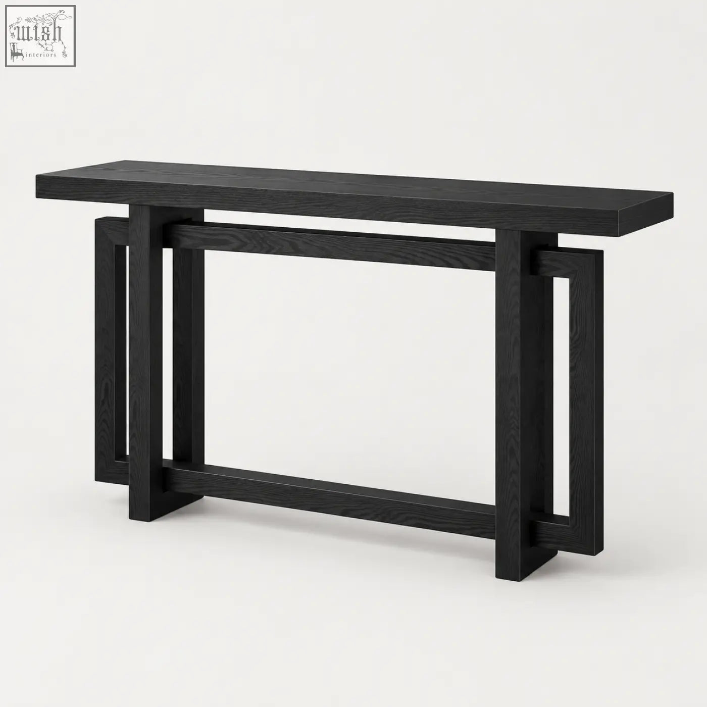 Black oak console table with minimalist geometric legs and sleek modern design in black wood effect finish
