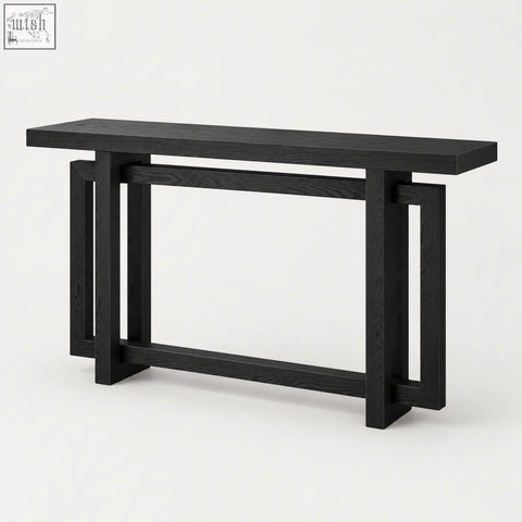 Black oak console table with minimalist geometric legs and sleek modern design in black wood effect finish