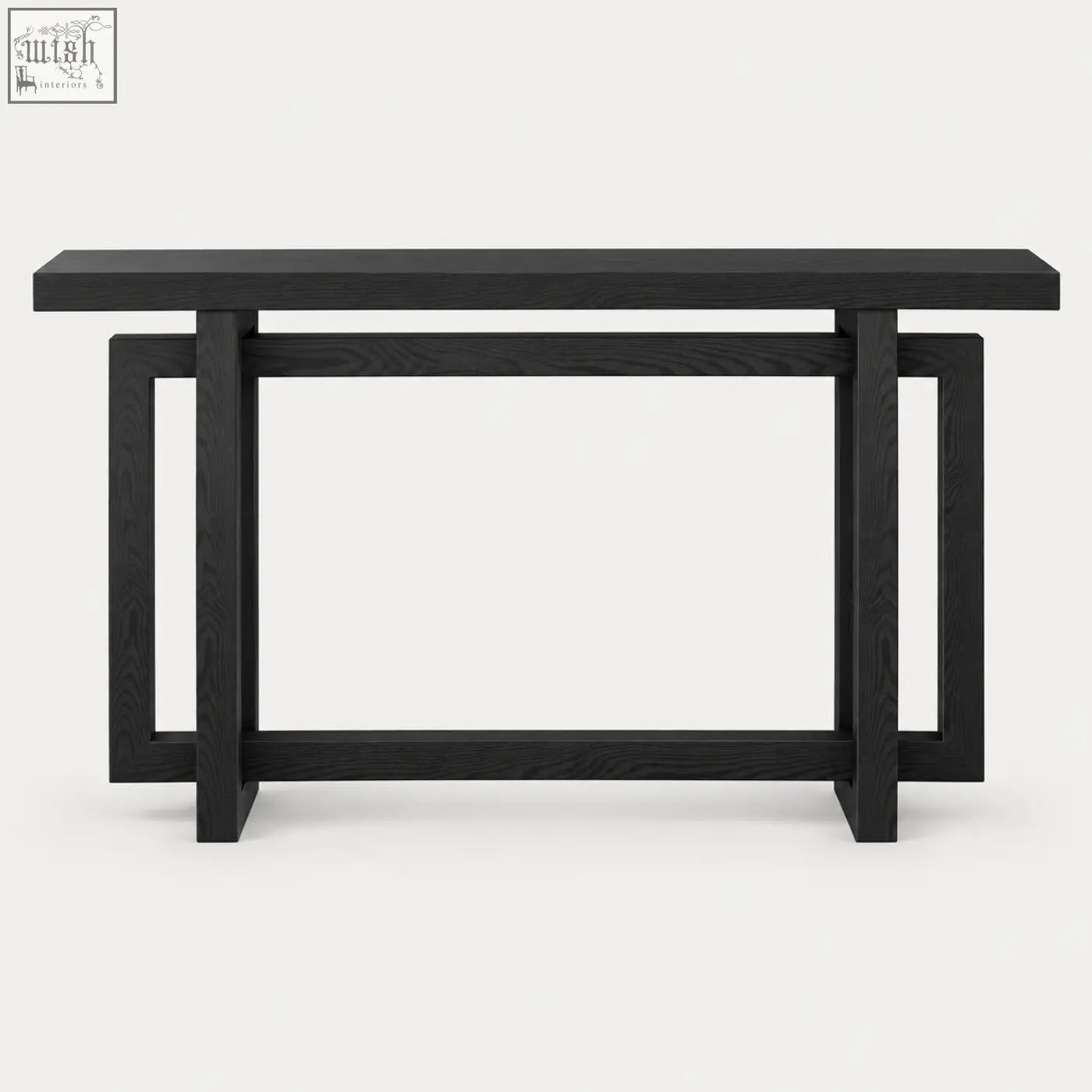 Black oak console table with minimalist geometric frame design in black wood effect for modern living spaces