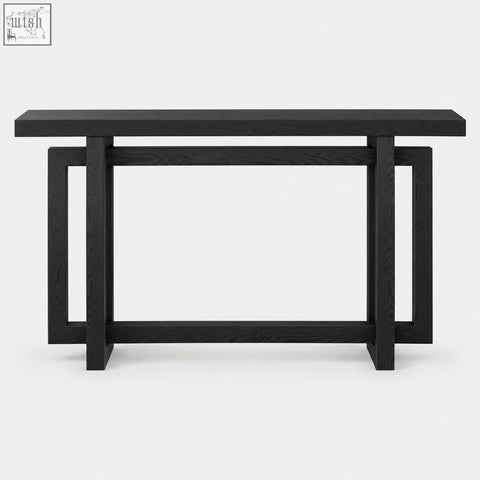 Black oak console table with minimalist geometric frame design in black wood effect for modern living spaces