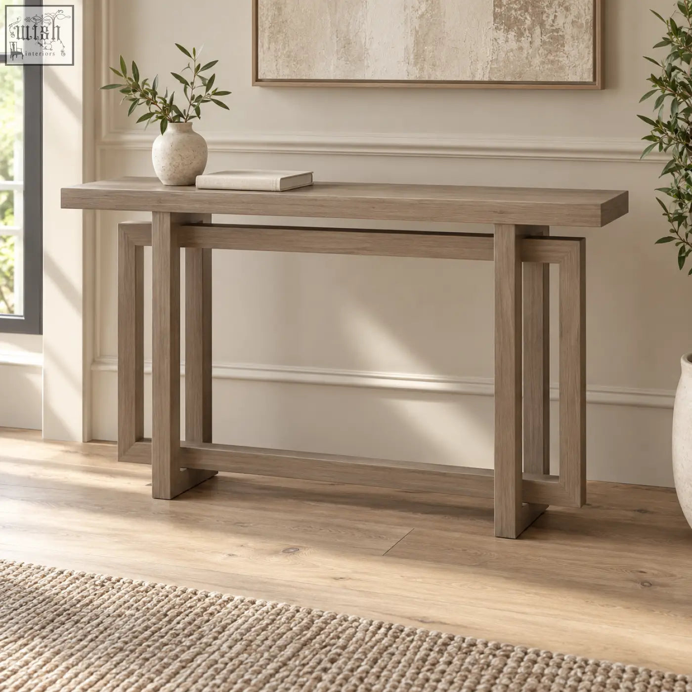 Modern gray oak effect console table with geometric leg design perfect for stylish hallway or living room storage
