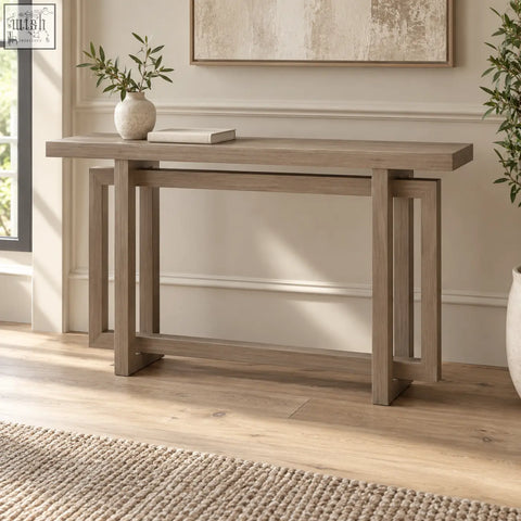 Modern gray oak effect console table with geometric leg design perfect for stylish hallway or living room storage
