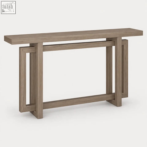 Modern gray wood console table with clean geometric lines and minimalist design in grey oak effect finish