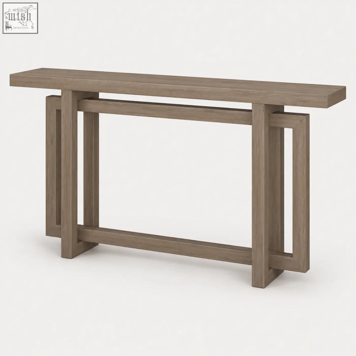 Modern gray wood console table with clean geometric lines in grey oak effect perfect for minimalist spaces
