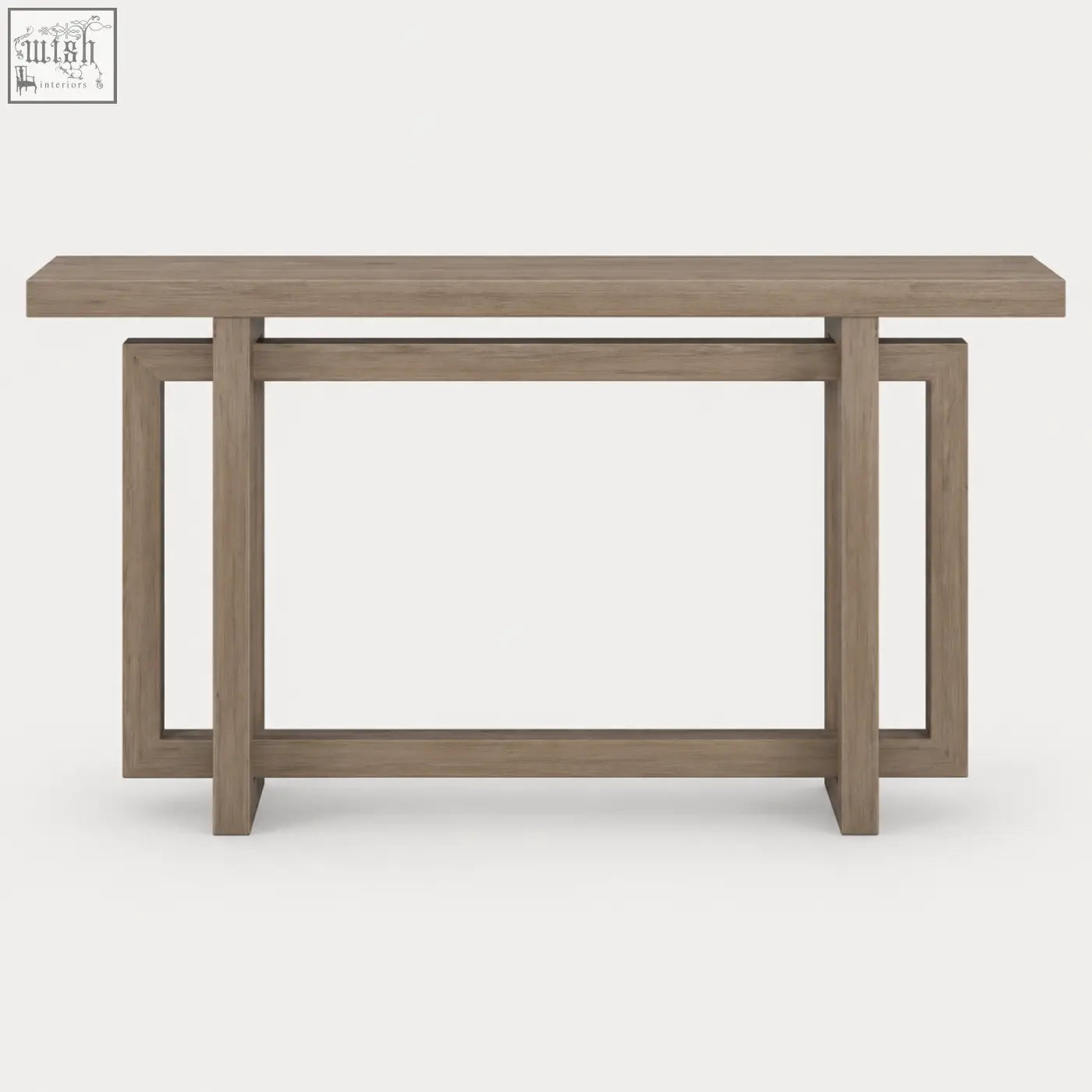 Modern gray wood console table with clean minimalist lines and geometric frame design in grey oak effect
