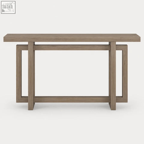 Modern gray wood console table with clean minimalist lines and geometric frame design in grey oak effect