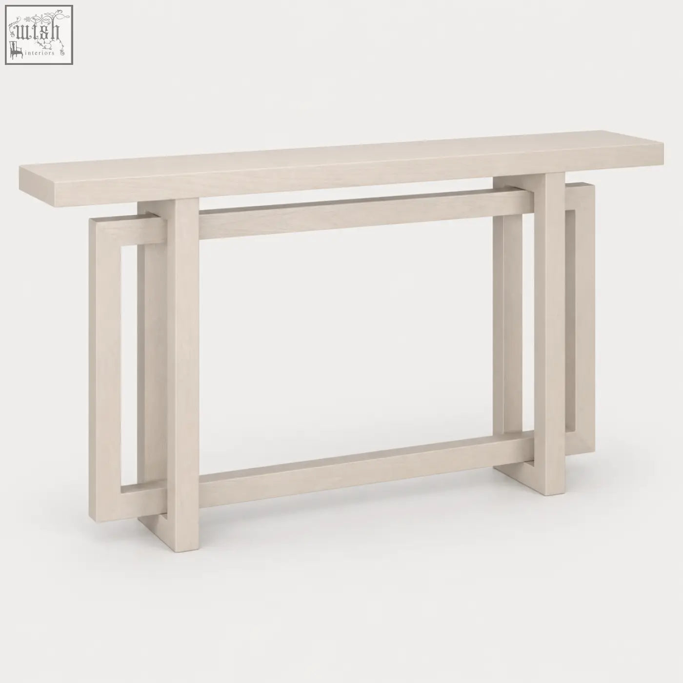 Beige lacquered elston geometric console table with warm white wood effect and minimalist rectangular legs