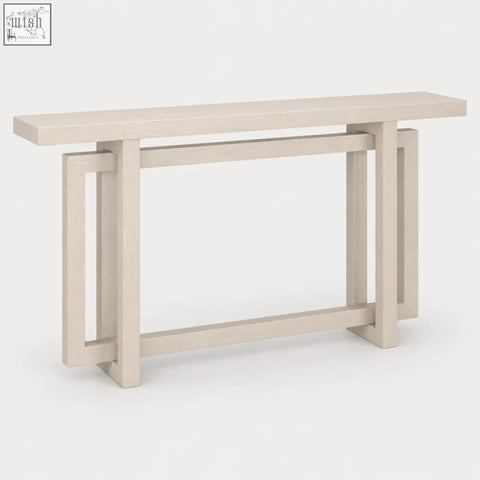 Beige lacquered elston geometric console table with warm white wood effect and minimalist rectangular legs