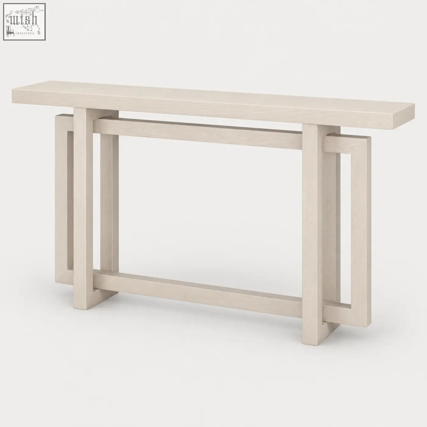 Beige lacquered elston geometric console table with minimalist warm white wood frame design for modern spaces