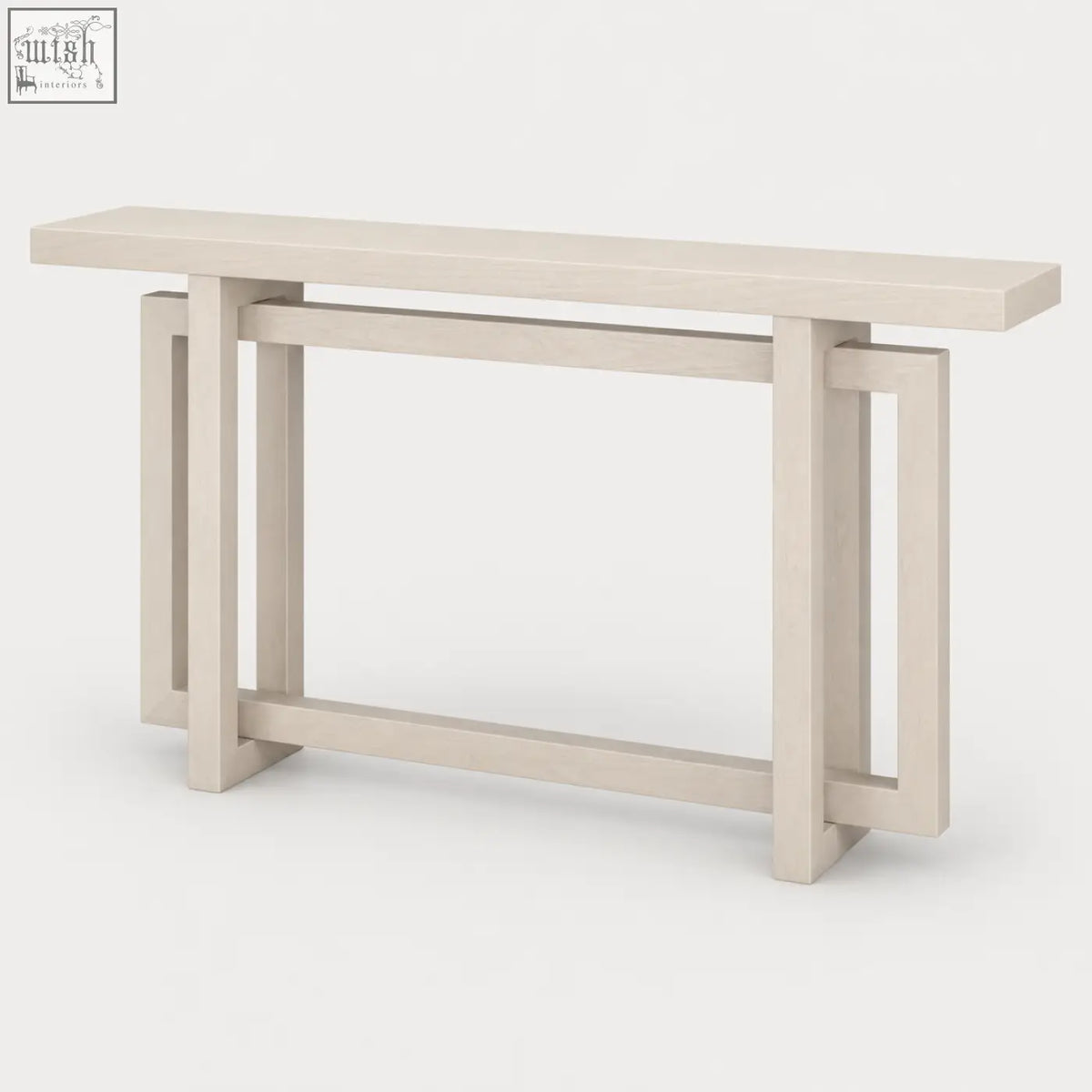 Beige lacquered elston geometric console table with minimalist warm white wood frame design for modern spaces
