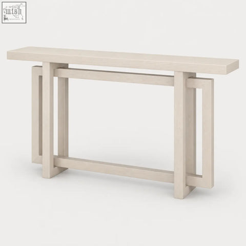Beige lacquered elston geometric console table with minimalist warm white wood frame design for modern spaces