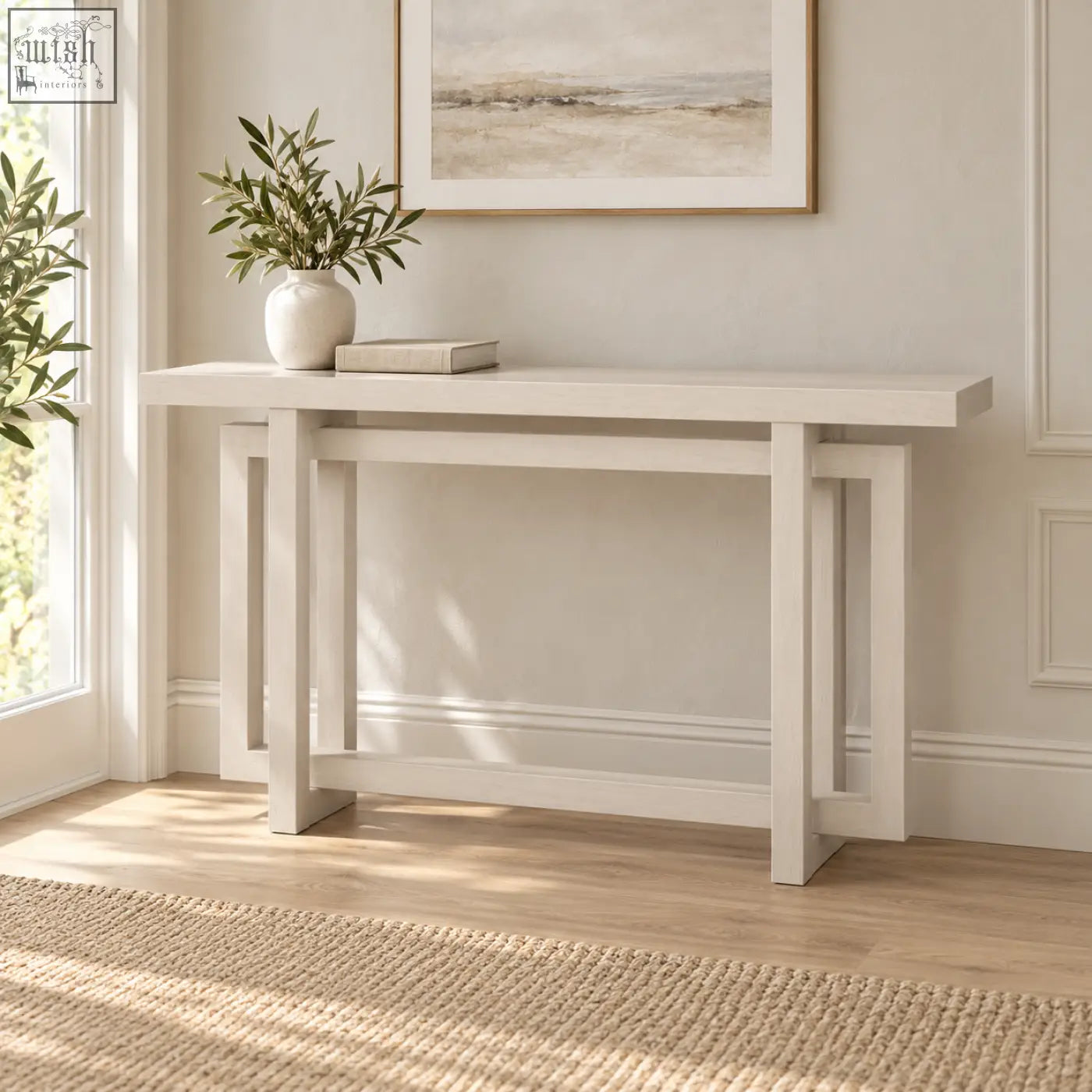 White minimalist console table with clean lines and warm white wood effect geometric legs for stylish entryway decor