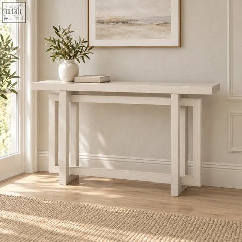 White minimalist console table with clean lines and warm white wood effect geometric legs for stylish entryway decor