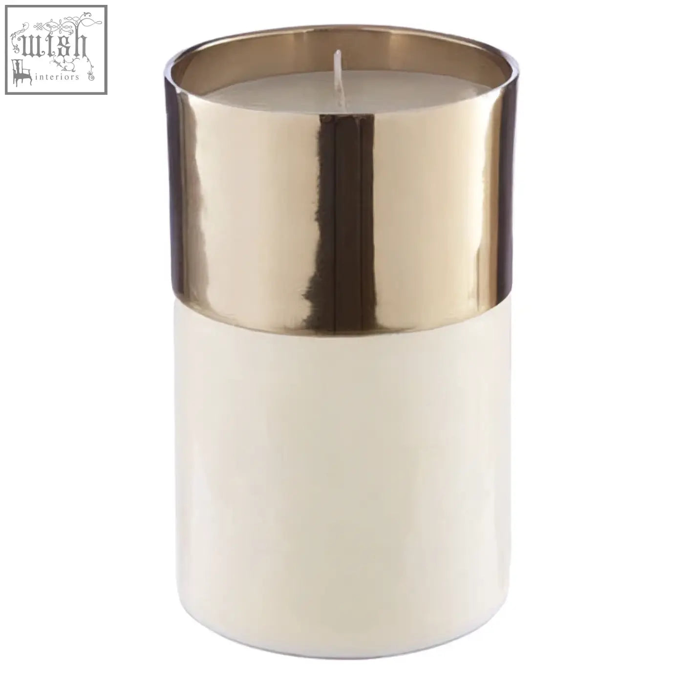 Elva white large cream-colored wax candle with a gold upper metallic rim and white lower body for home decor