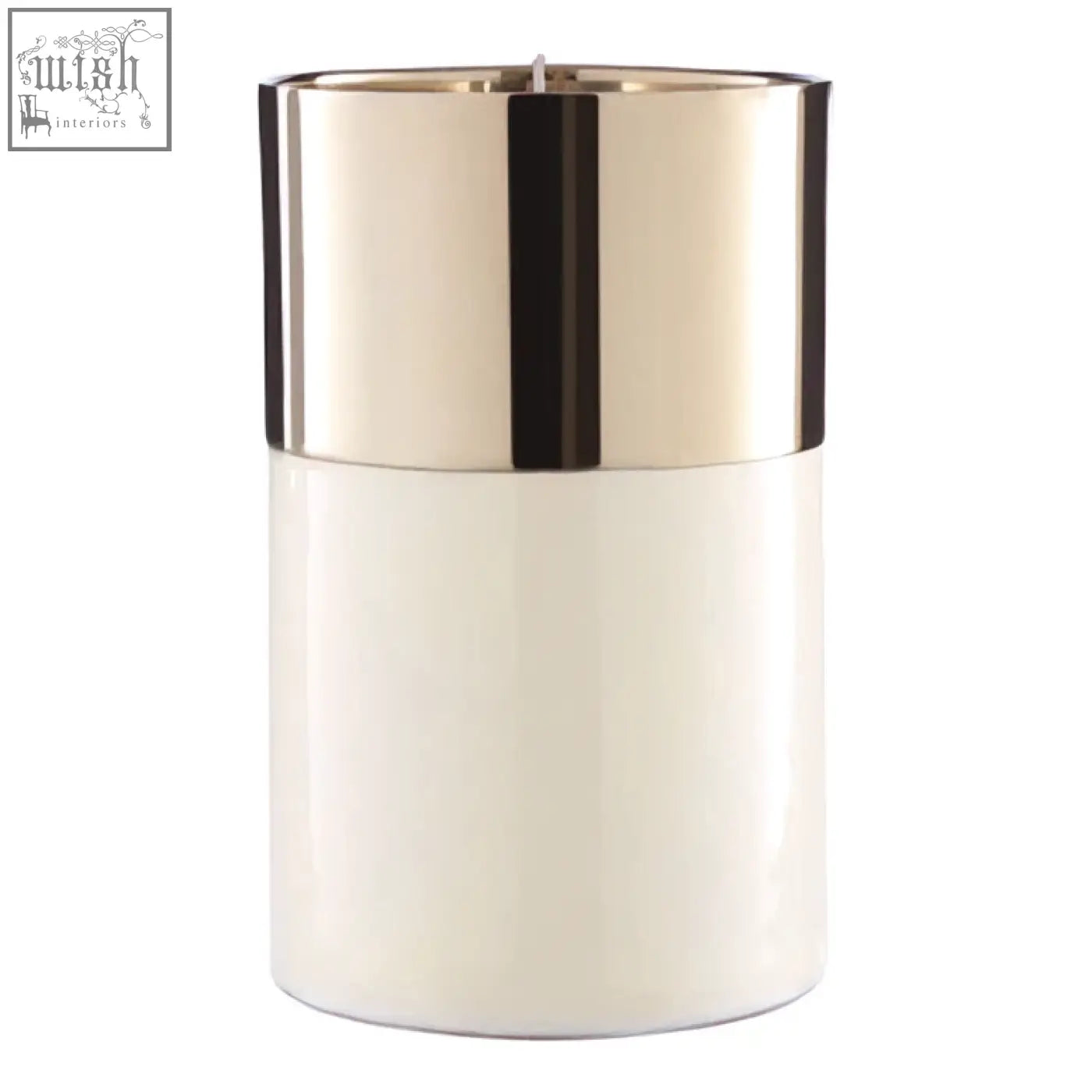 Elva white large cream ceramic candle holder with gold upper rim and black vertical accent stripe for wax candles