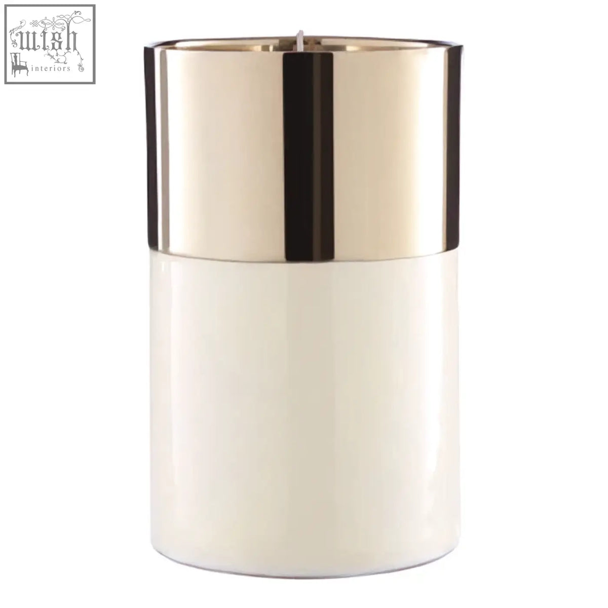 Elva white large cream ceramic candle holder with gold upper rim and black vertical accent stripe for wax candles