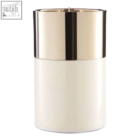 Elva white large cream ceramic candle holder with gold upper rim and black vertical accent stripe for wax candles