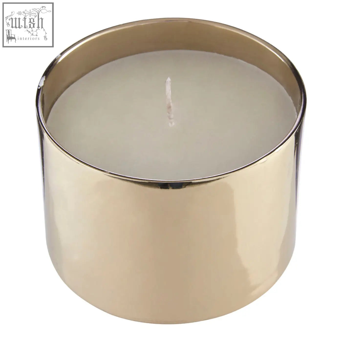 A sleek elva white large gold upper candle in a metallic container with a smooth reflective surface
