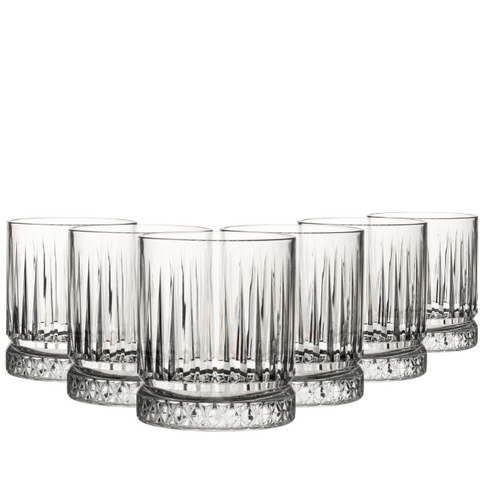 Set of 6 elysia dof glass tumblers with clear vertical ribbed patterns and faceted bases 360ml each