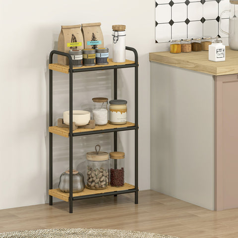 HOMCOM 3-Tier Bamboo Bathroom Storage Shelf, Freestanding Narrow Shelving Unit with Slatted Shelves for Kitchen Bathroom Living Room, 41.5 x 21.5 x 77.5 cm, Natural and Black