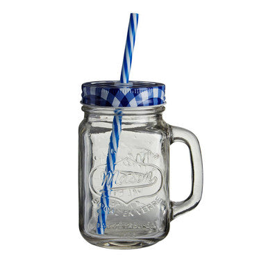 Clear glass embossed mason square jar mug with blue gingham lid and blue and white checkered pattern