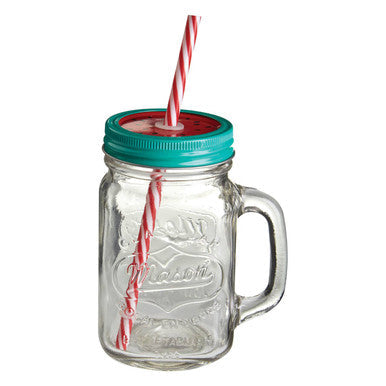 Clear glass embossed mason square jar mug with teal watermelon lid handle and embossed branding