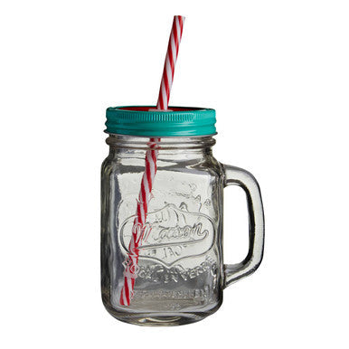 Clear glass embossed mason square jar mug with teal watermelon lid and handle perfect for drinks